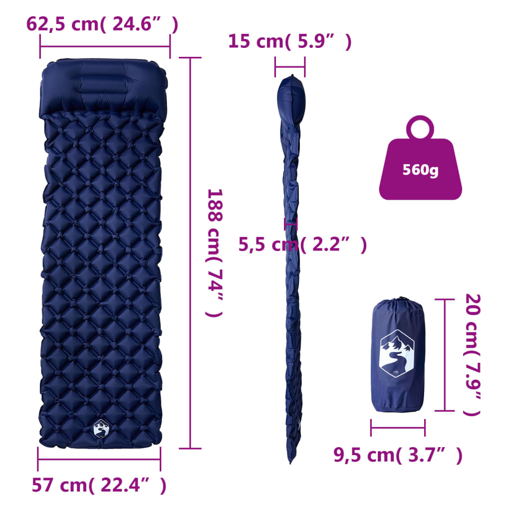 1 személyes tengerészkék felfújható kempingmatrac párnával