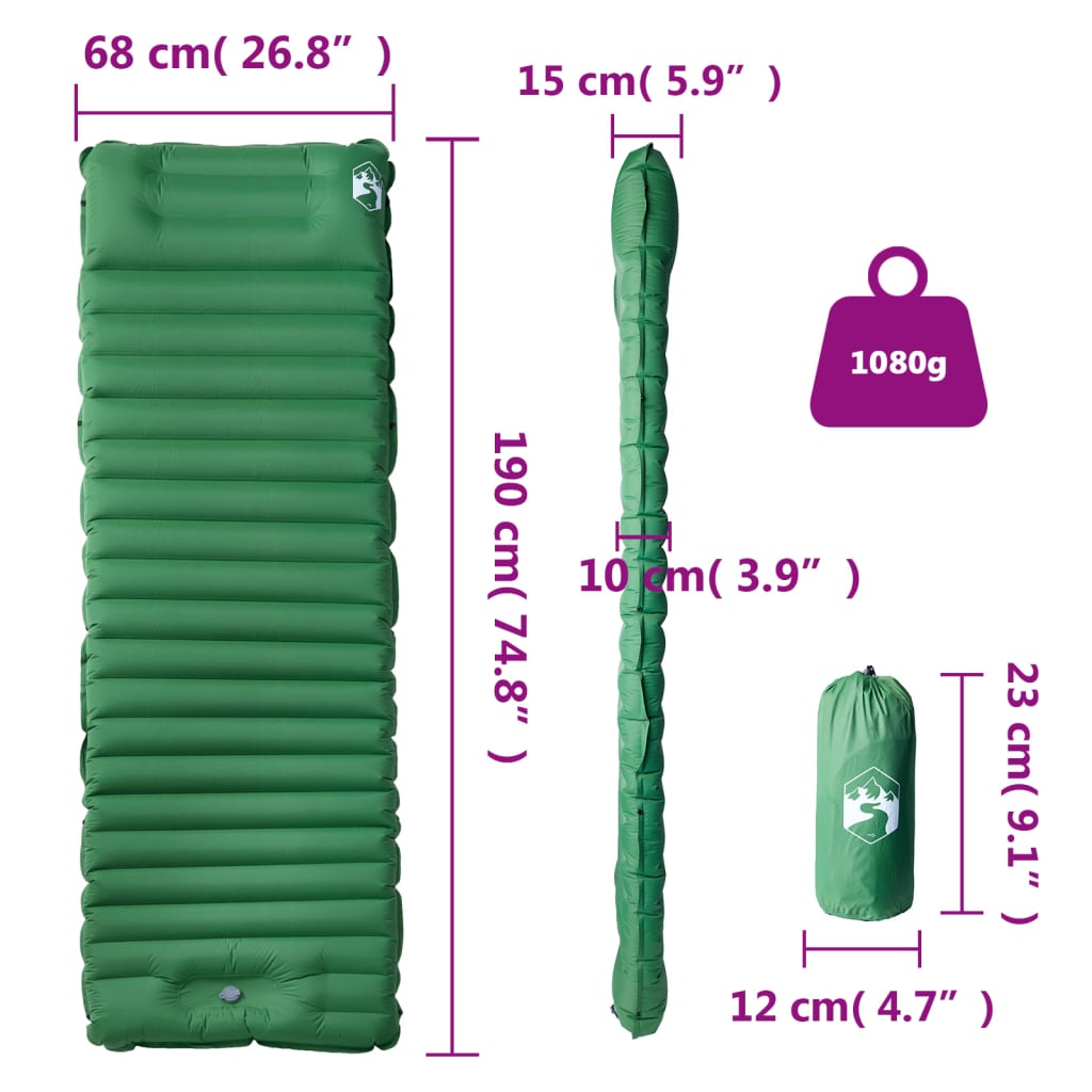 1 személyes zöld önfelfújó kempingmatrac párnával