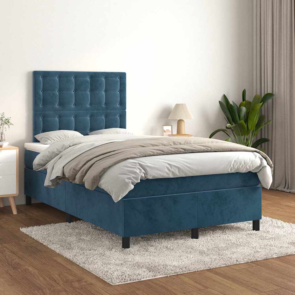 sötétkék bársony rugós ágy matraccal 120x190 cm