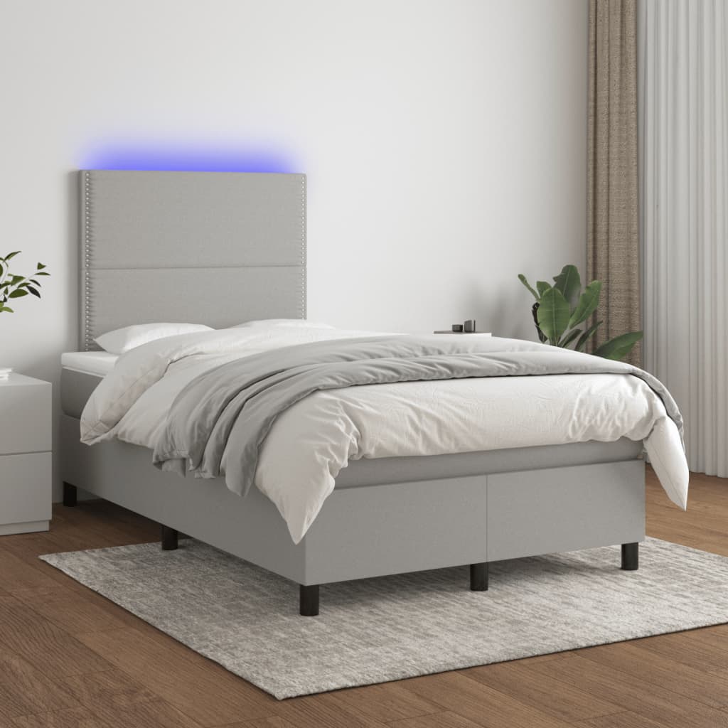 világosszürke szövet rugós és LED-es ágy matraccal 120x190 cm