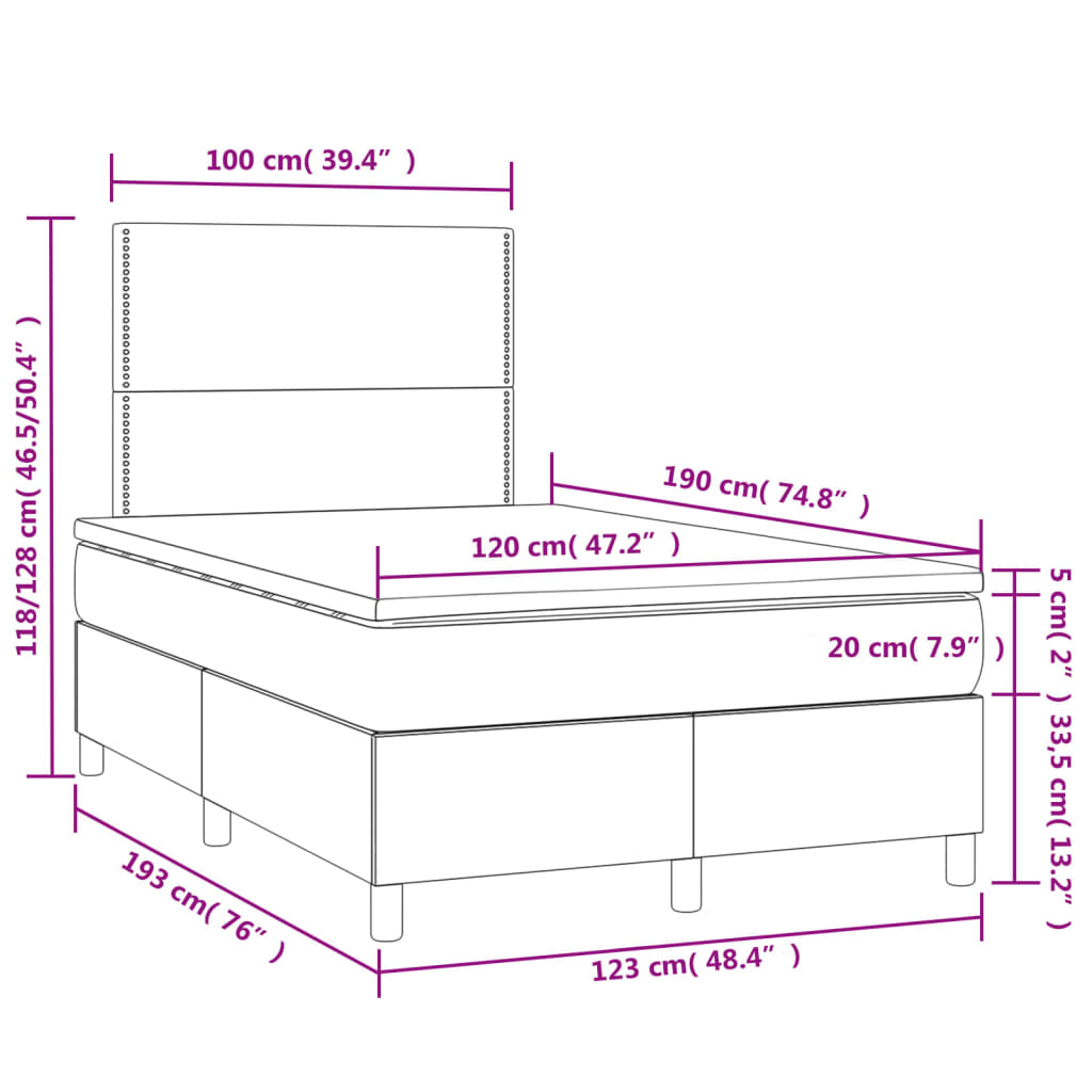 világosszürke szövet rugós és LED-es ágy matraccal 120x190 cm