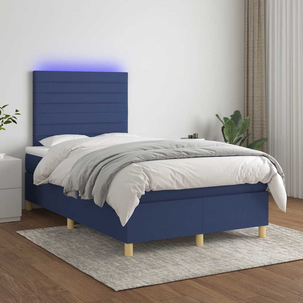 kék szövet rugós és LED-es ágy matraccal 120x190 cm