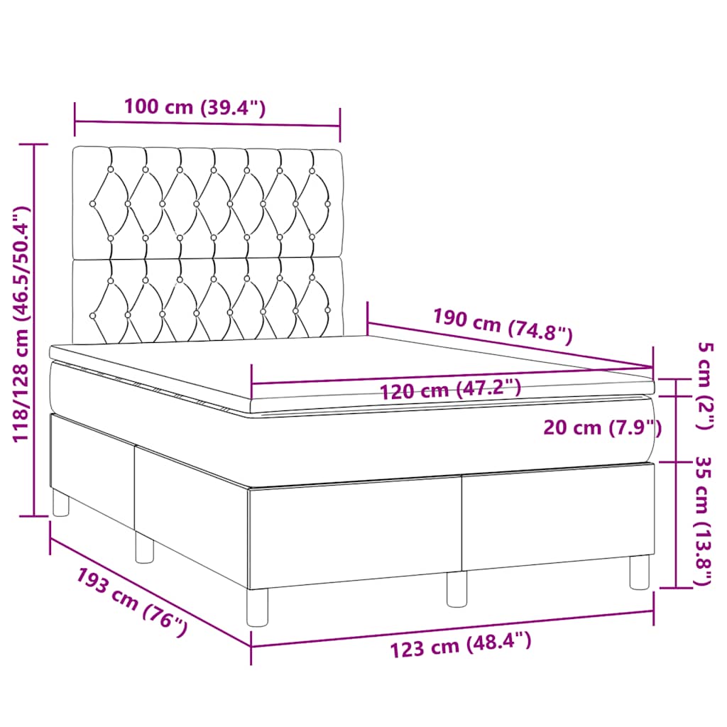 világosszürke szövet rugós és LED-es ágy matraccal 120x190 cm