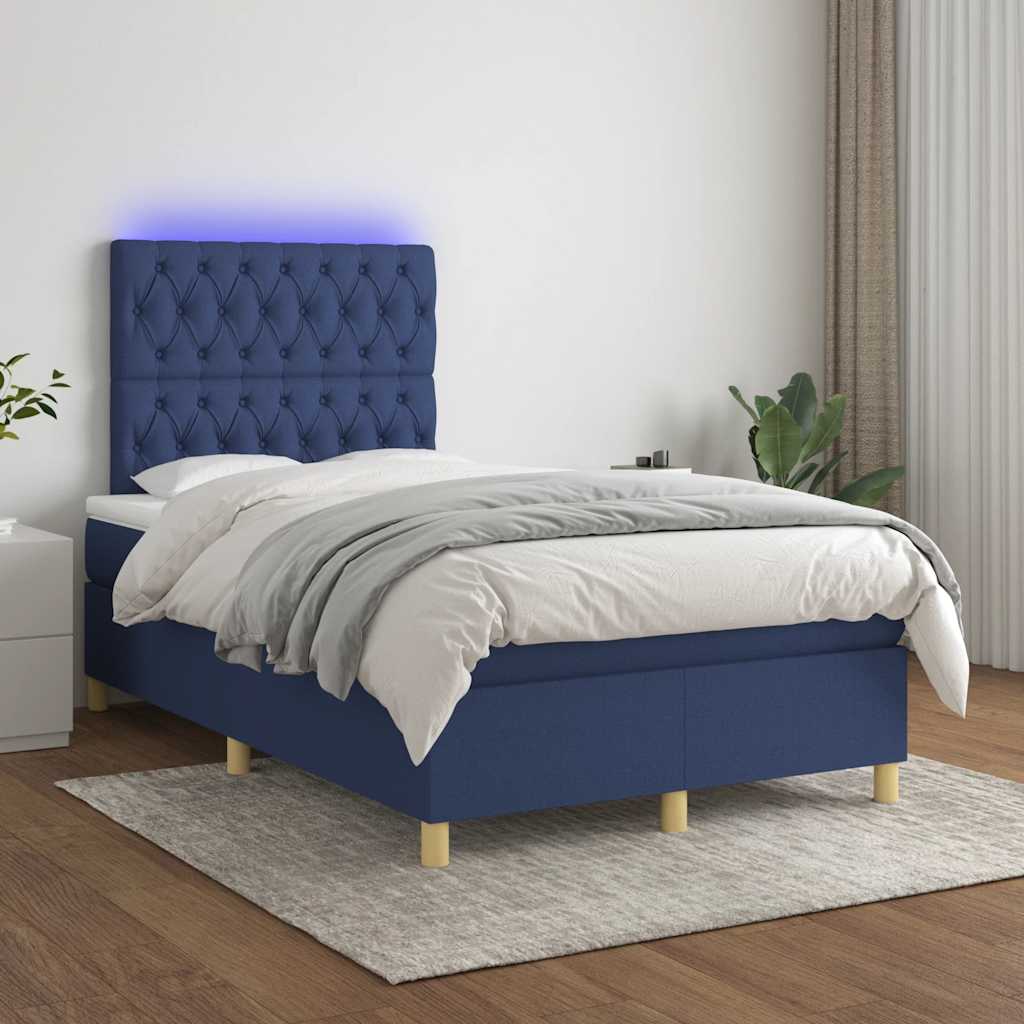 kék szövet rugós és LED-es ágy matraccal 120x190 cm