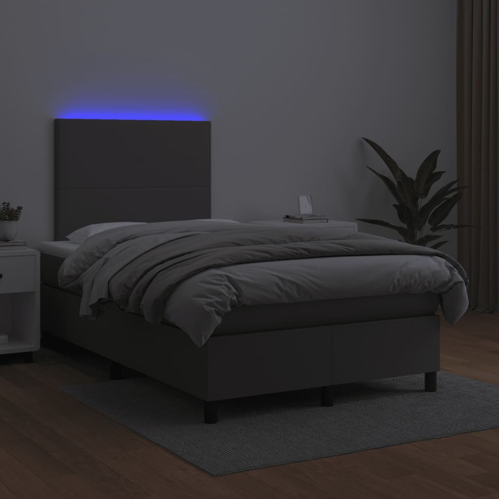 szürke műbőr rugós és LED-es ágy matraccal 120x190 cm