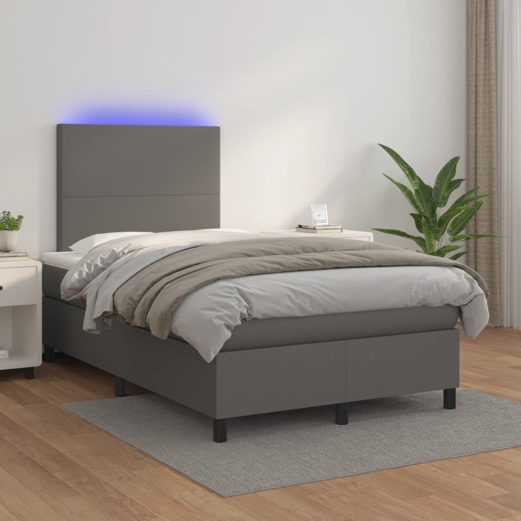 szürke műbőr rugós és LED-es ágy matraccal 120x190 cm
