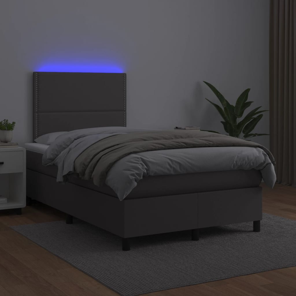 szürke műbőr rugós és LED-es ágy matraccal 120x190 cm