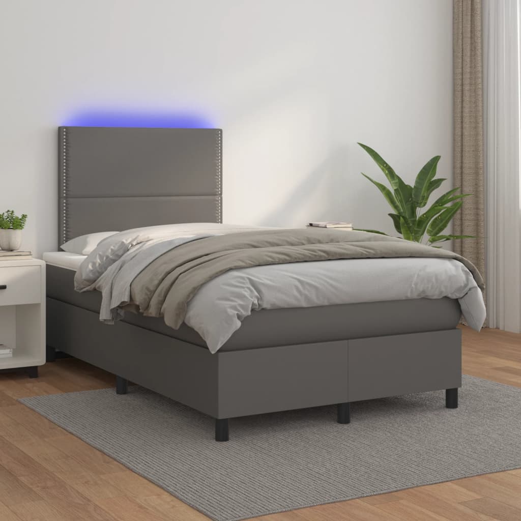 szürke műbőr rugós és LED-es ágy matraccal 120x190 cm