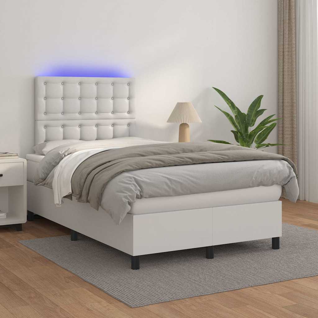 fehér műbőr rugós és LED-es ágy matraccal 120x190 cm
