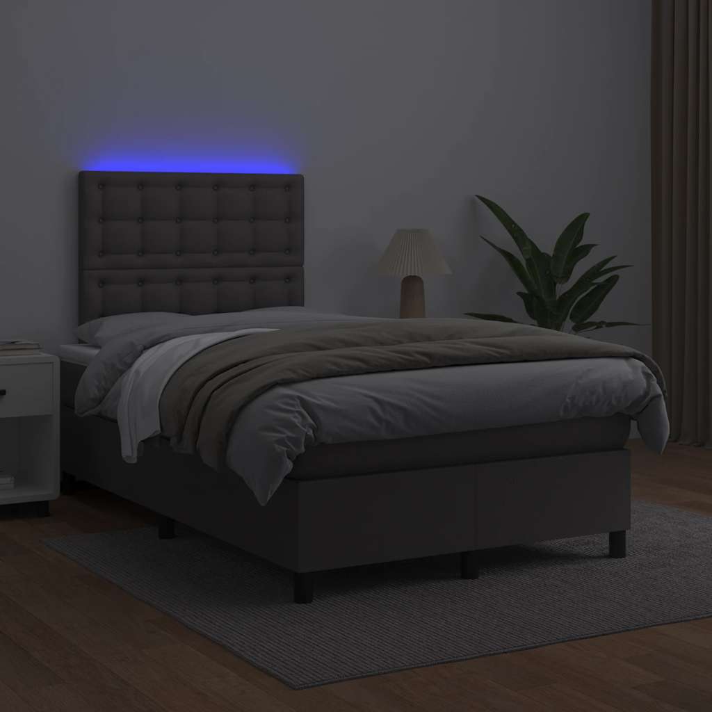 szürke műbőr rugós és LED-es ágy matraccal 120x190 cm