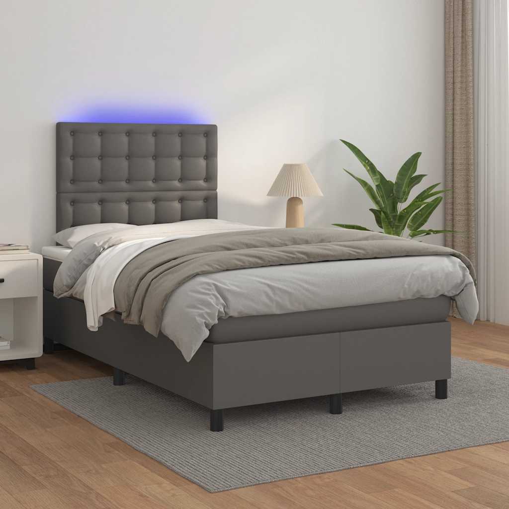 szürke műbőr rugós és LED-es ágy matraccal 120x190 cm