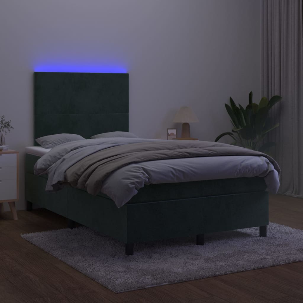 sötétzöld bársony rugós és LED-es ágy matraccal 120x190 cm