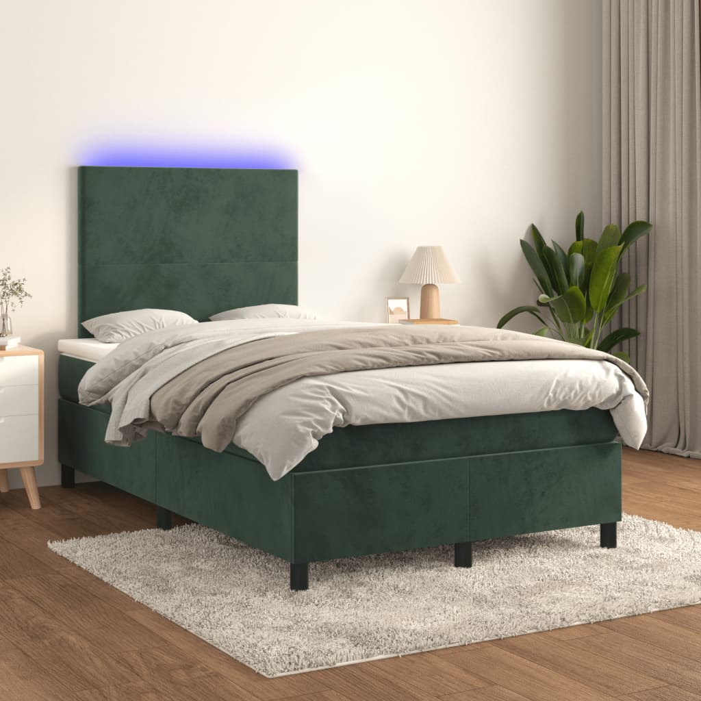 sötétzöld bársony rugós és LED-es ágy matraccal 120x190 cm
