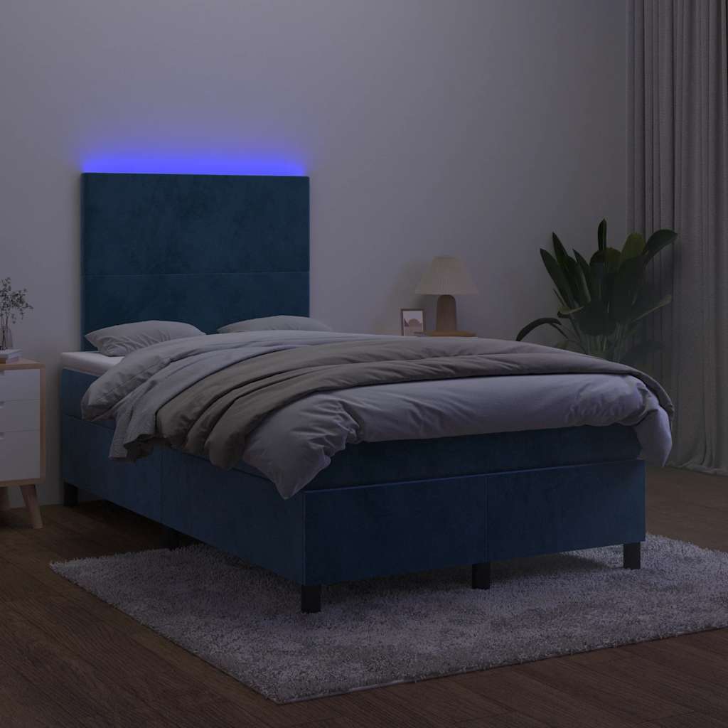 sötétkék bársony rugós és LED-es ágy matraccal 120x190 cm