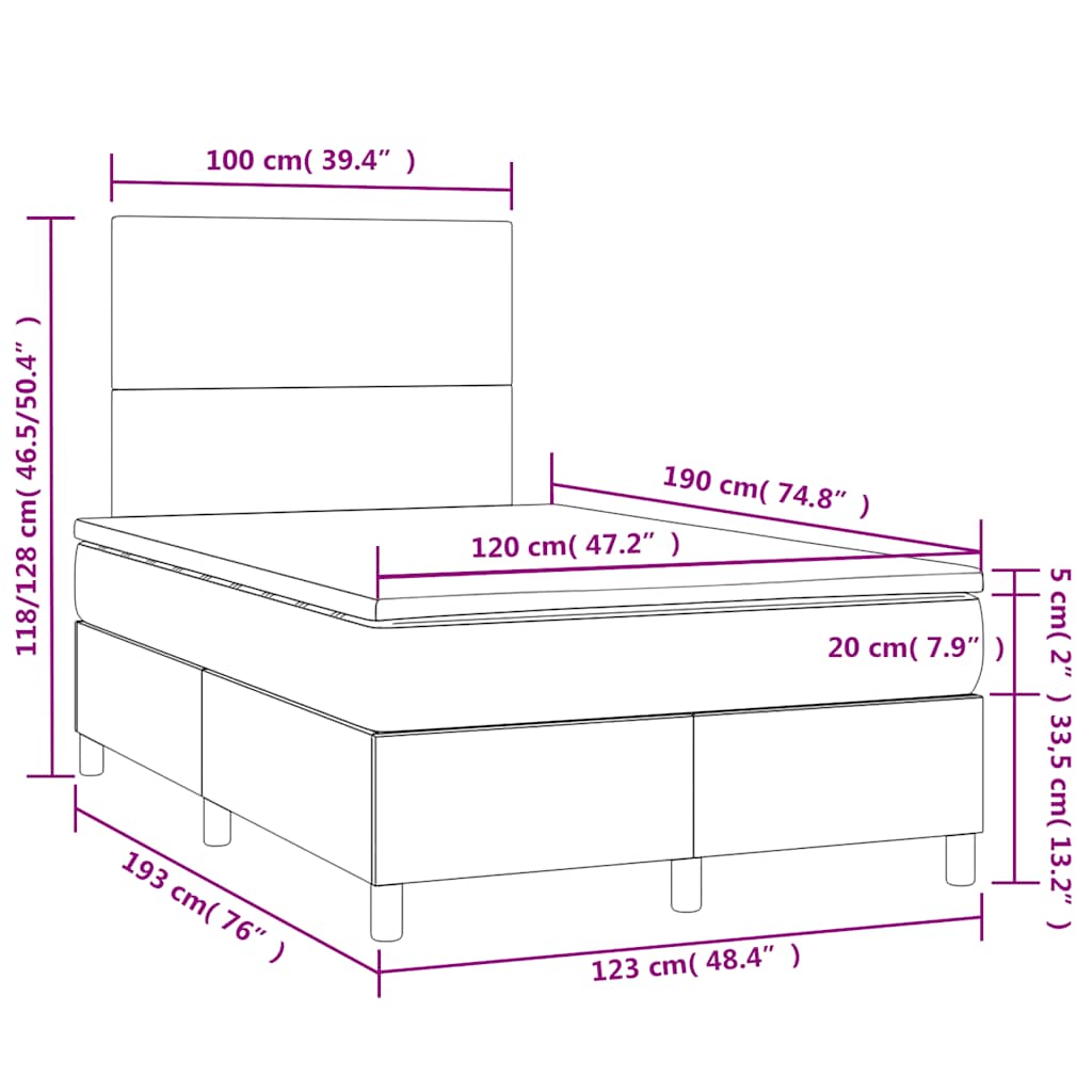 sötétkék bársony rugós és LED-es ágy matraccal 120x190 cm