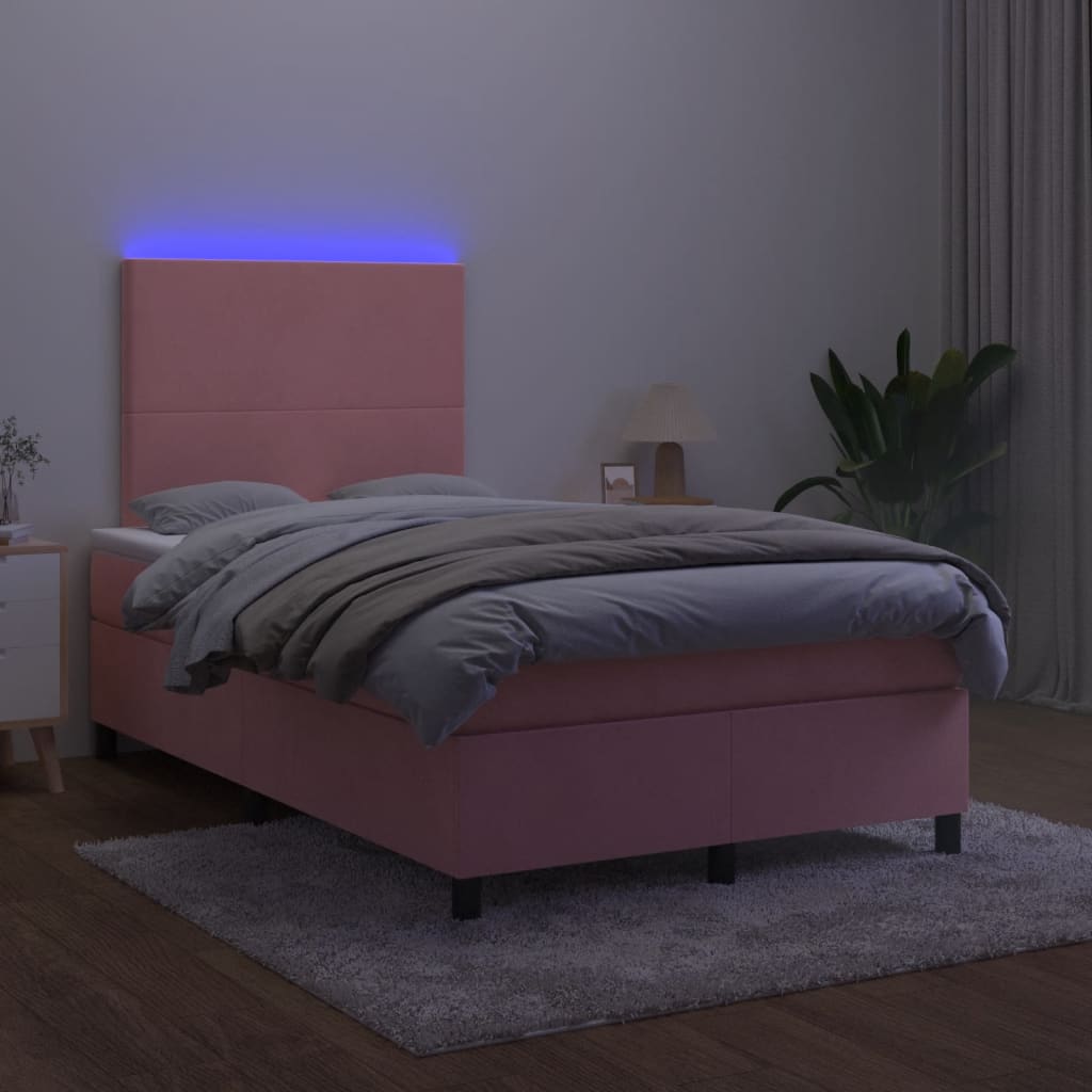 rózsaszín bársony rugós és LED-es ágy matraccal 120 x 190 cm