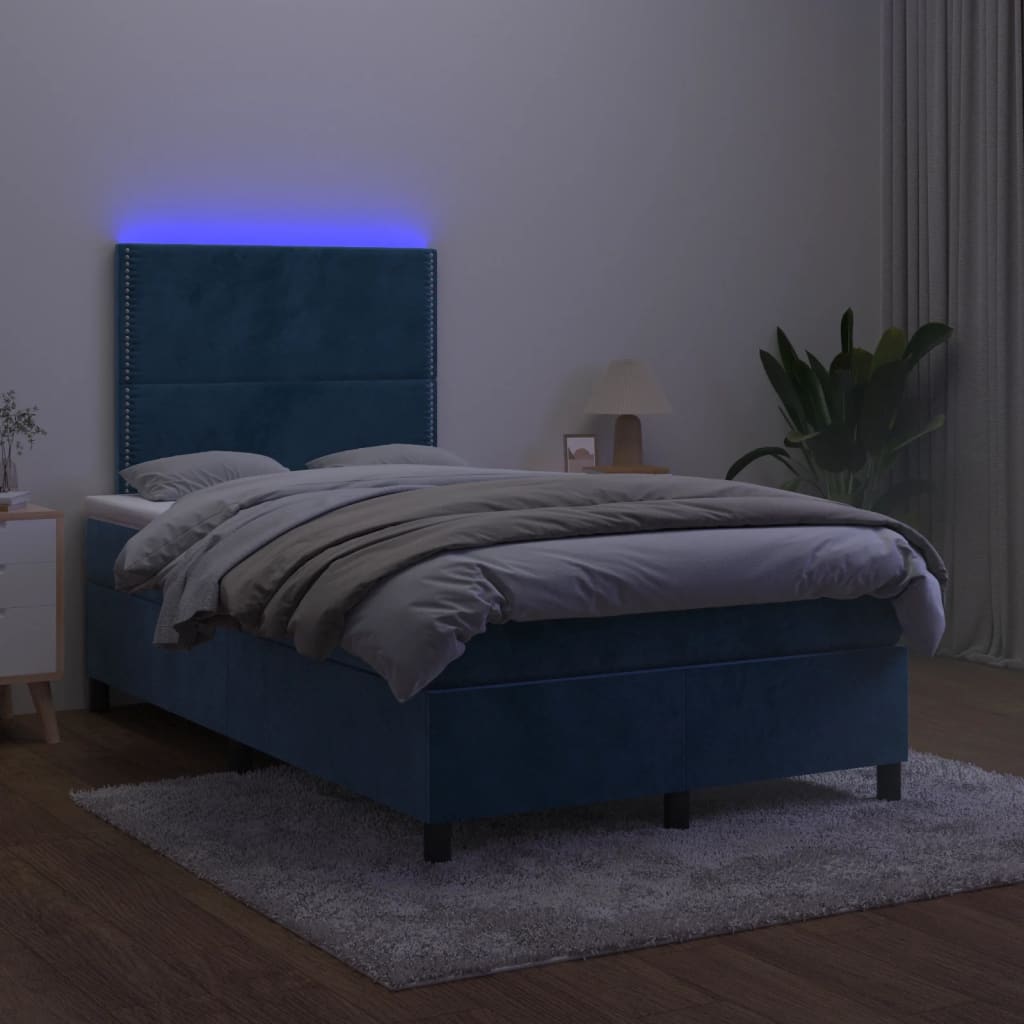 sötétkék bársony rugós és LED-es ágy matraccal 120x190 cm