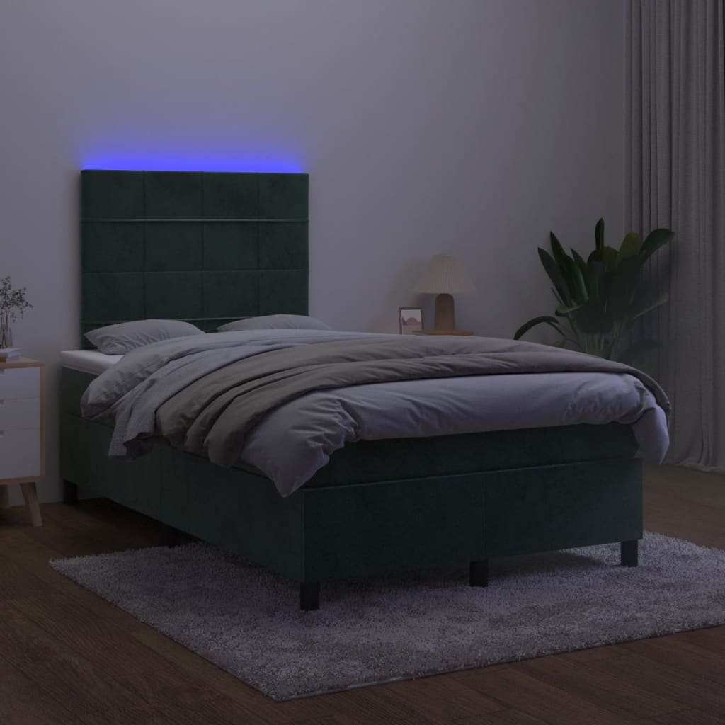 sötétzöld bársony rugós és LED-es ágy matraccal 120x190 cm