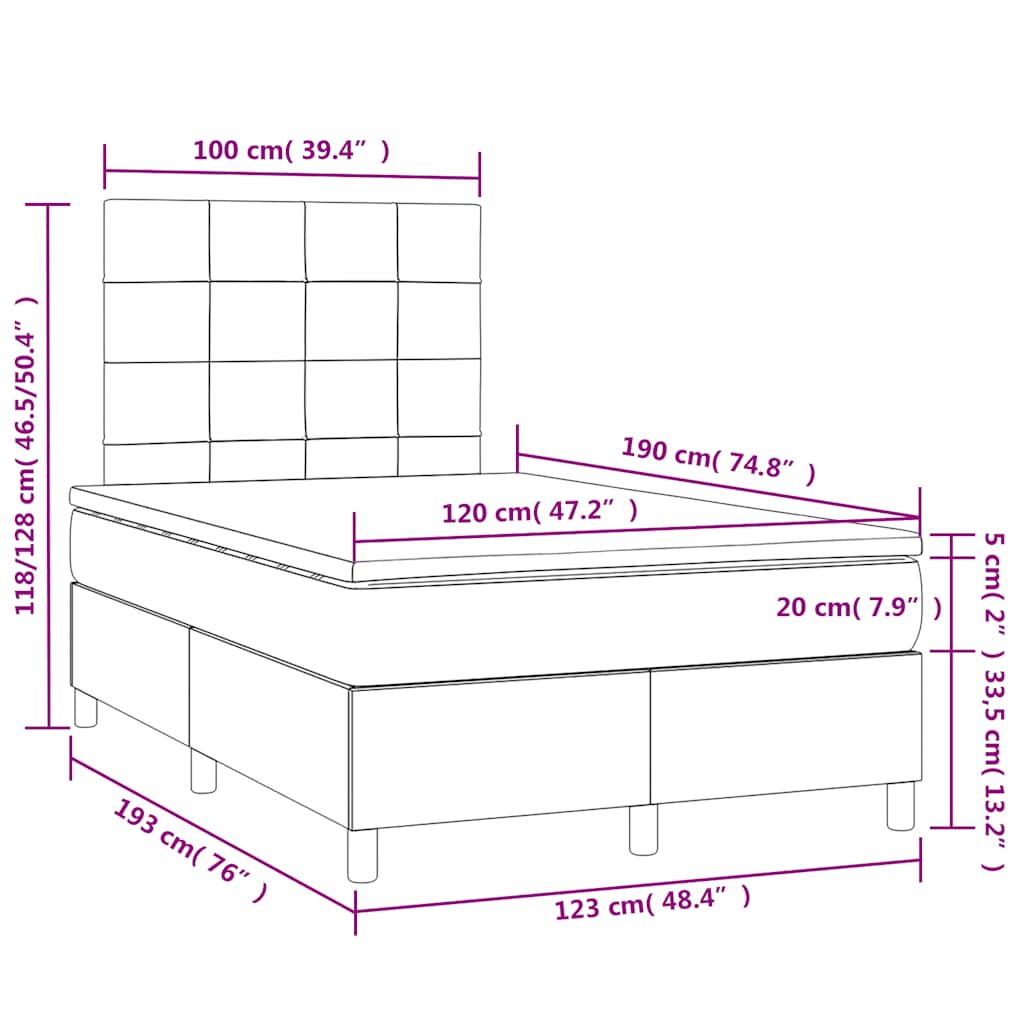 sötétkék bársony rugós és LED-es ágy matraccal 120x190 cm