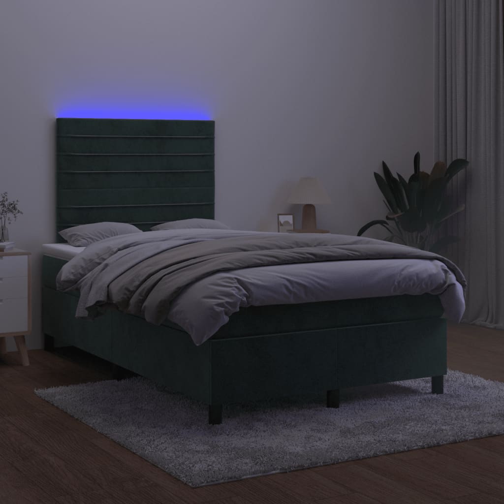 sötétzöld bársony rugós és LED-es ágy matraccal 120x190 cm
