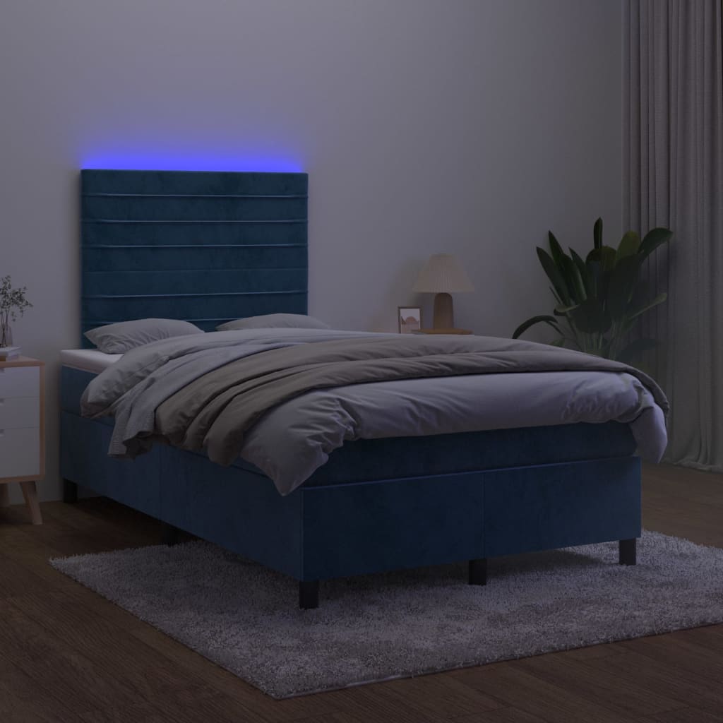 sötétkék bársony rugós és LED-es ágy matraccal 120x190 cm