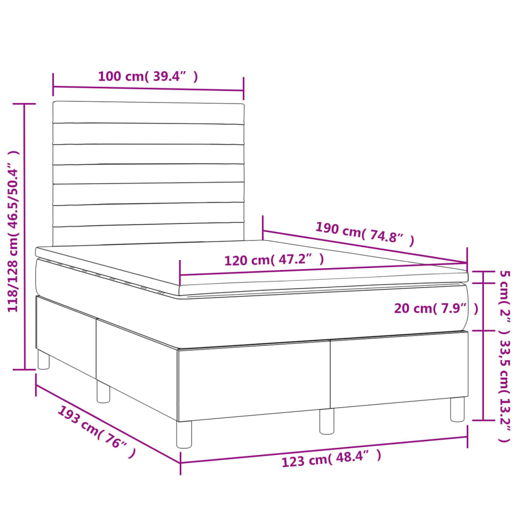 sötétkék bársony rugós és LED-es ágy matraccal 120x190 cm