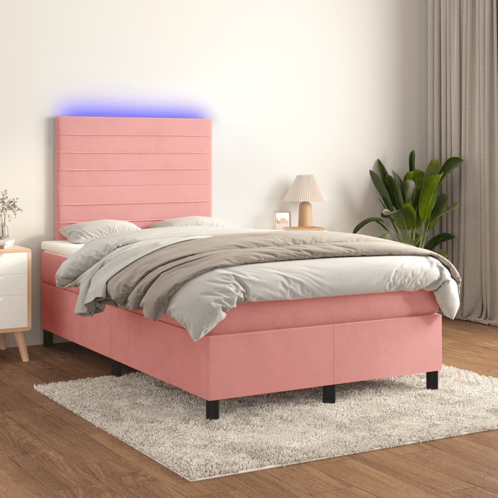 rózsaszín bársony rugós és LED-es ágy matraccal 120 x 190 cm