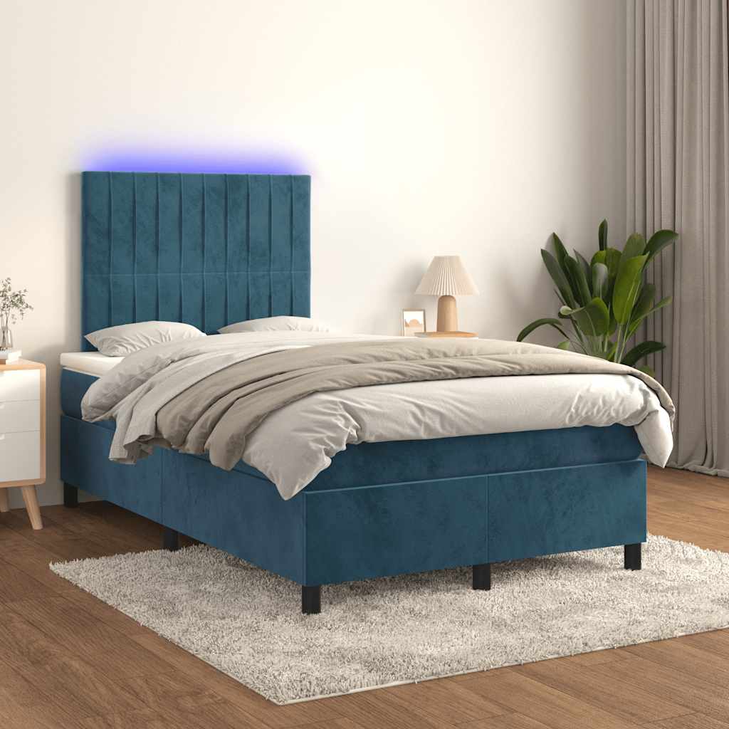 sötétkék bársony rugós és LED-es ágy matraccal 120x190 cm
