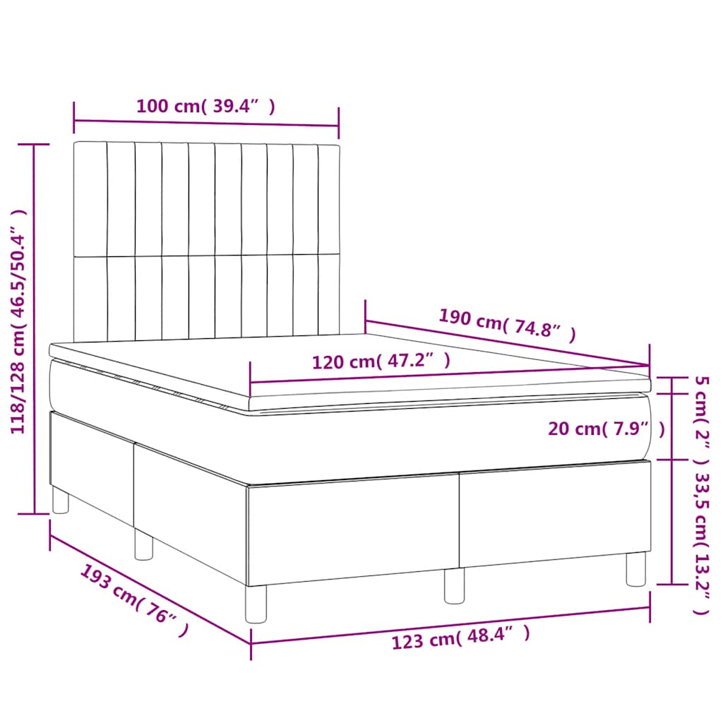 sötétkék bársony rugós és LED-es ágy matraccal 120x190 cm