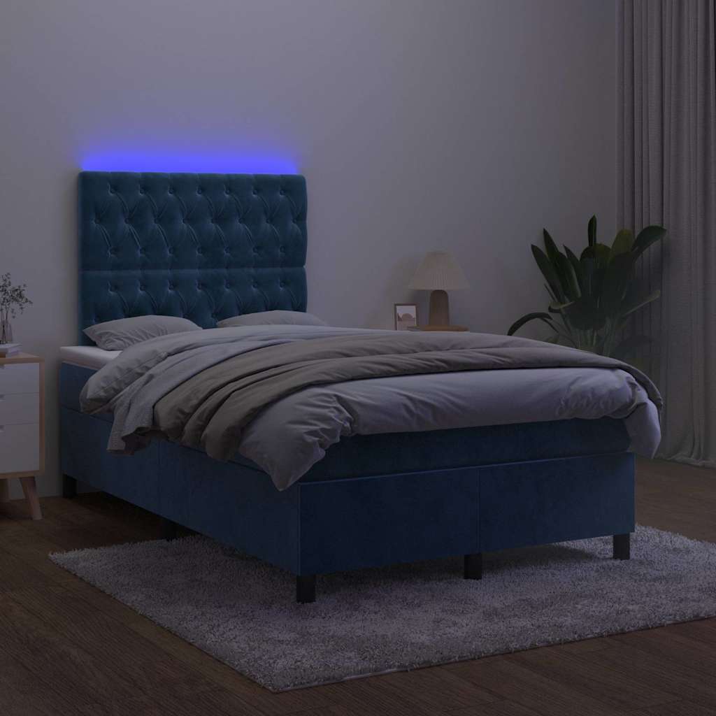 sötétkék bársony rugós és LED-es ágy matraccal 120x190 cm