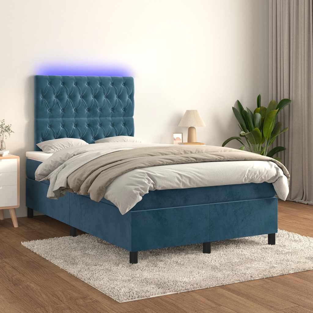 sötétkék bársony rugós és LED-es ágy matraccal 120x190 cm