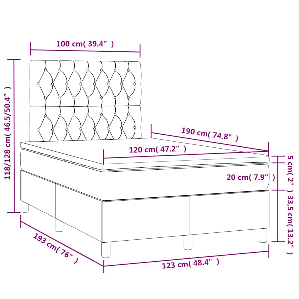 sötétkék bársony rugós és LED-es ágy matraccal 120x190 cm