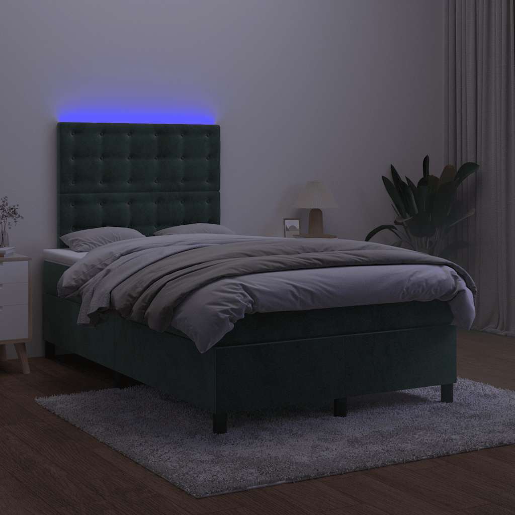 sötétzöld bársony rugós és LED-es ágy matraccal 120x190 cm