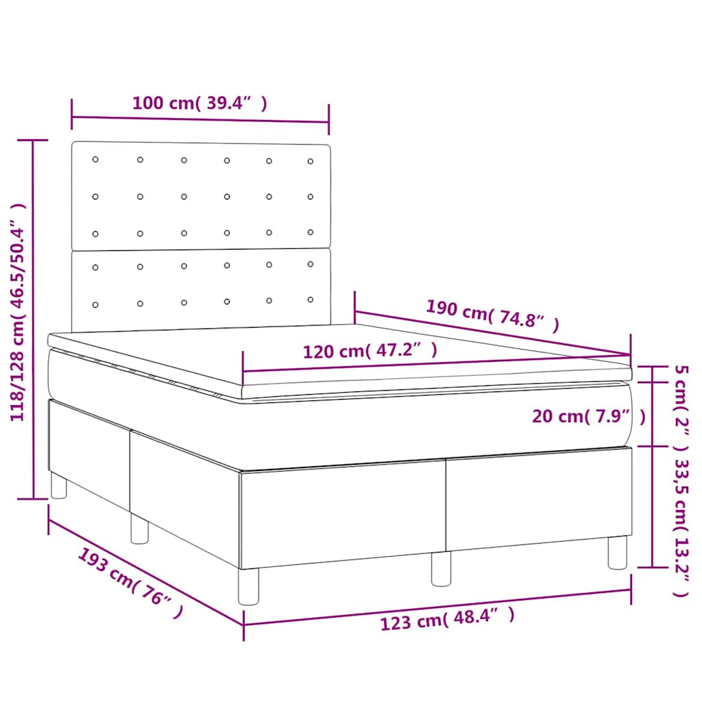 sötétkék bársony rugós és LED-es ágy matraccal 120x190 cm