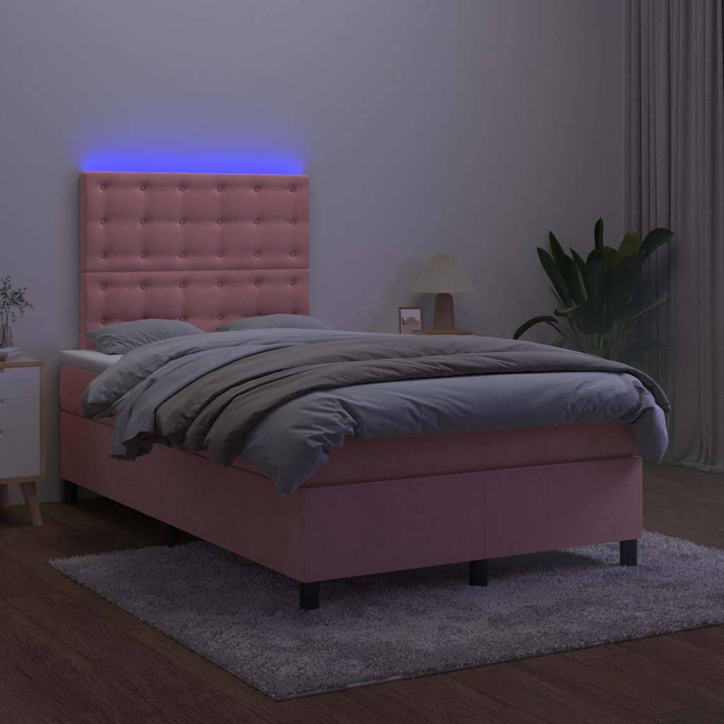 rózsaszín bársony rugós és LED-es ágy matraccal 120 x 190 cm