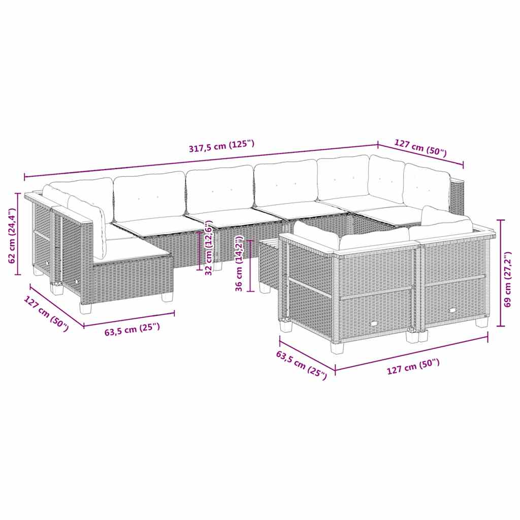 10 részes bézs polyrattan kerti ülőgarnitúra párnával