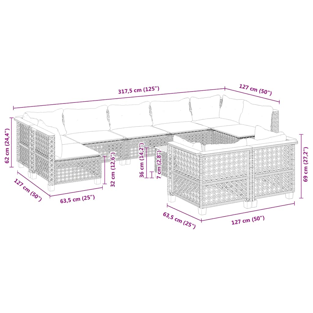 10 részes bézs polyrattan kerti ülőgarnitúra párnával