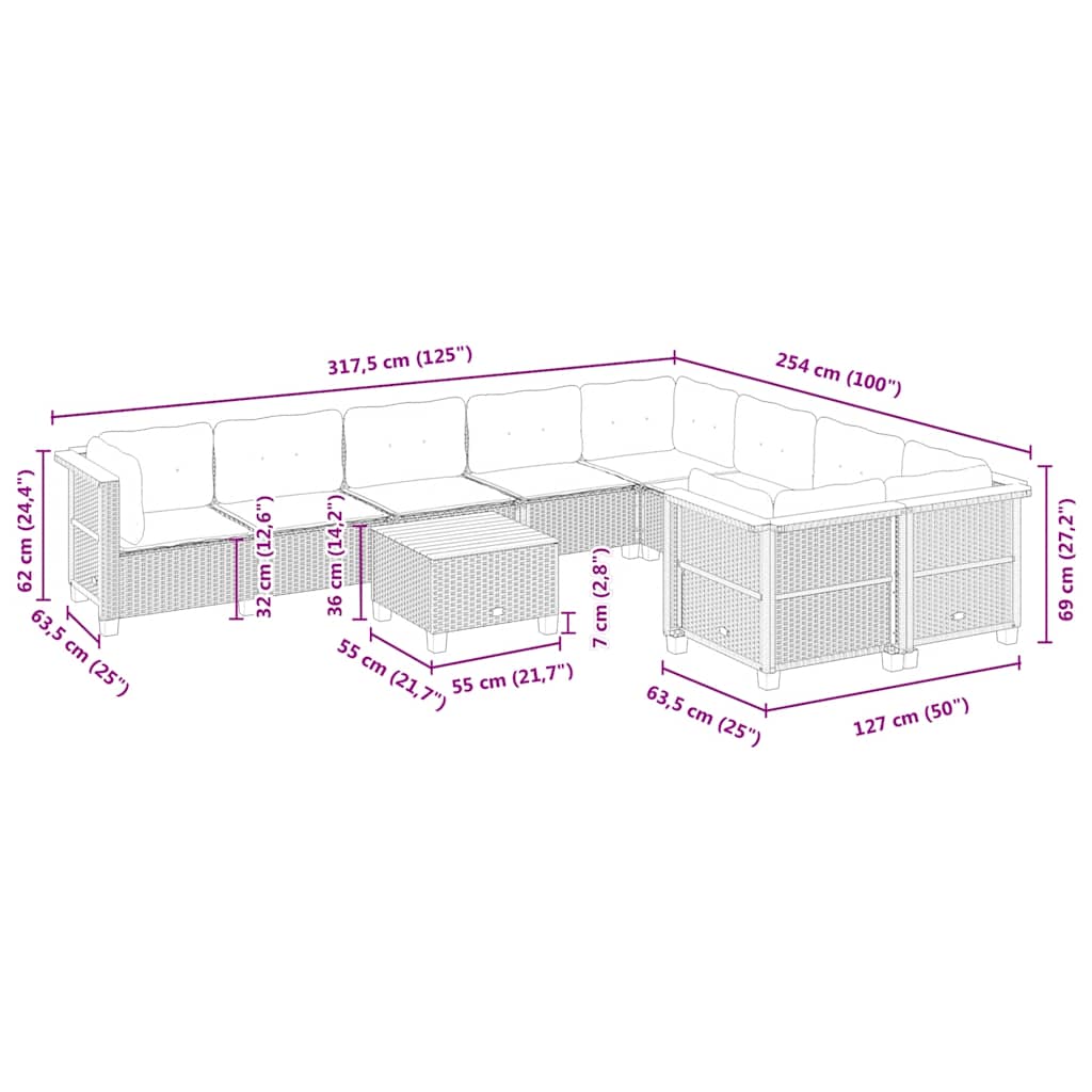 10 részes bézs polyrattan kerti ülőgarnitúra párnával