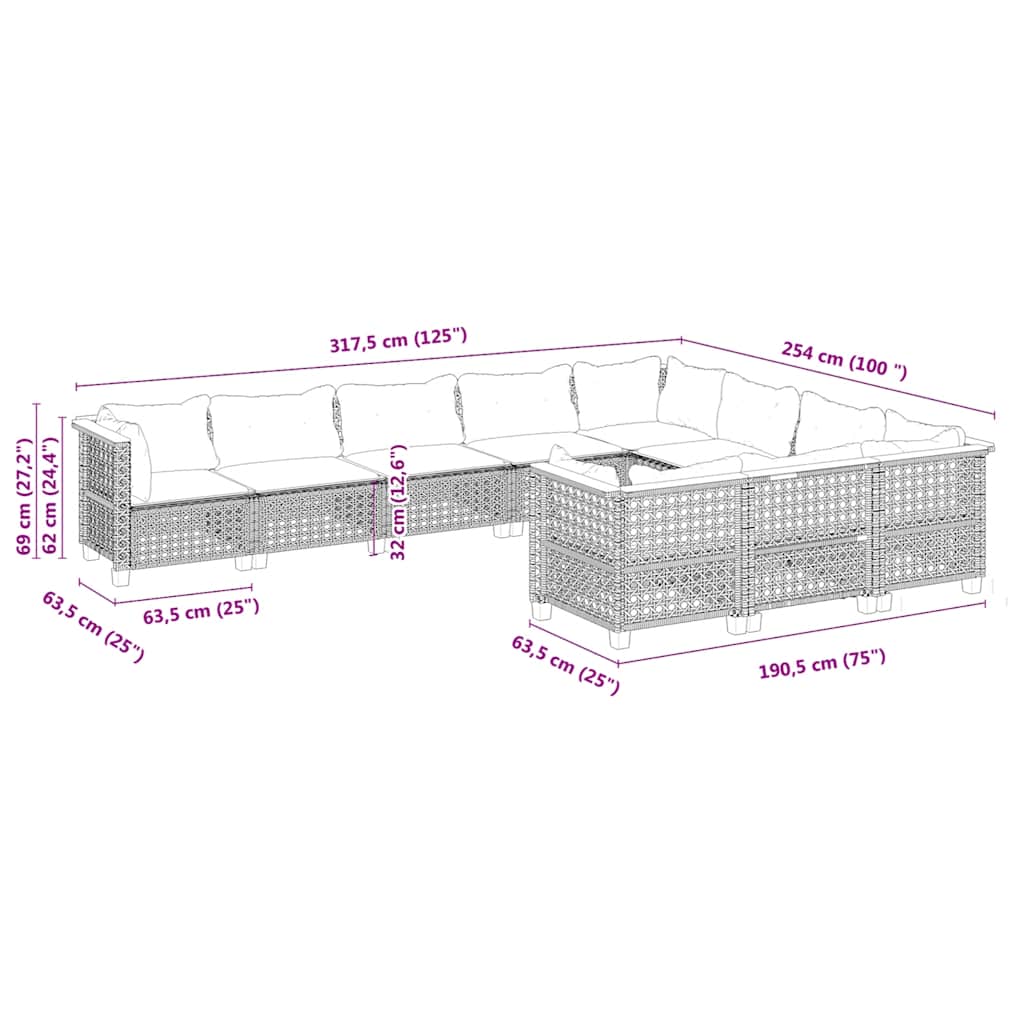 10 részes bézs polyrattan kerti ülőgarnitúra párnával
