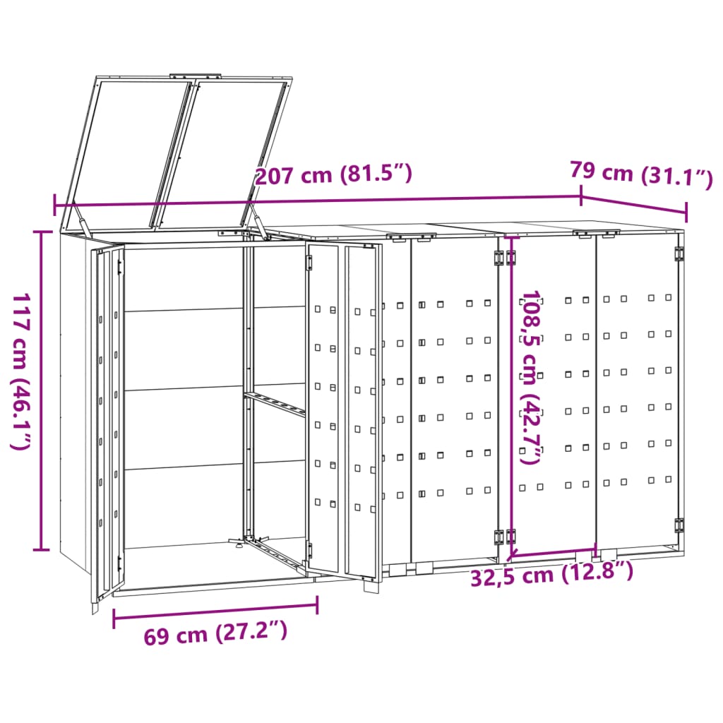 antracit acél kerekes tároló 3 szemeteskukához 207x79x117 cm