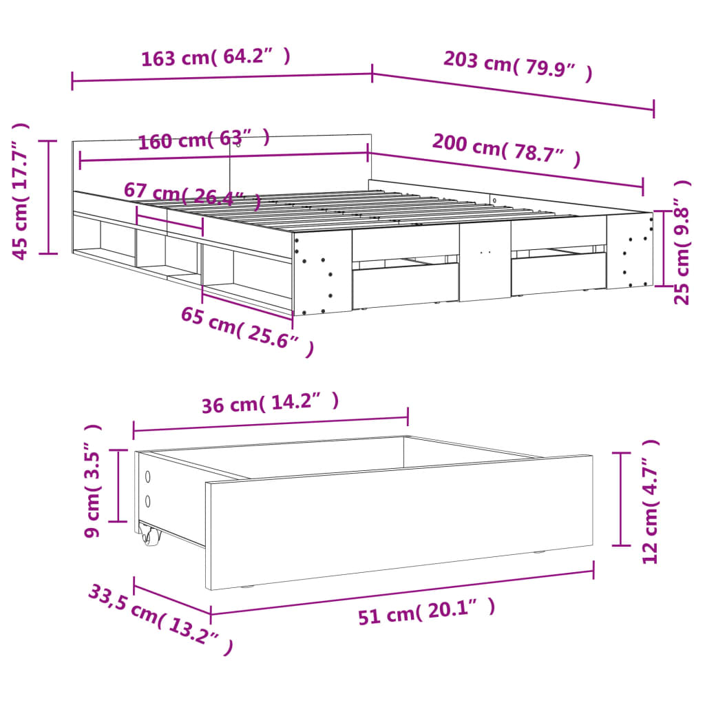 füstös tölgy színű szerelt fa ágykeret fiókokkal 160 x 200 cm