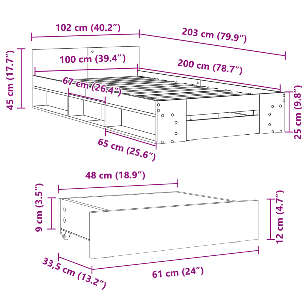 sonoma tölgy színű szerelt fa ágykeret fiókkal 100 x 200 cm