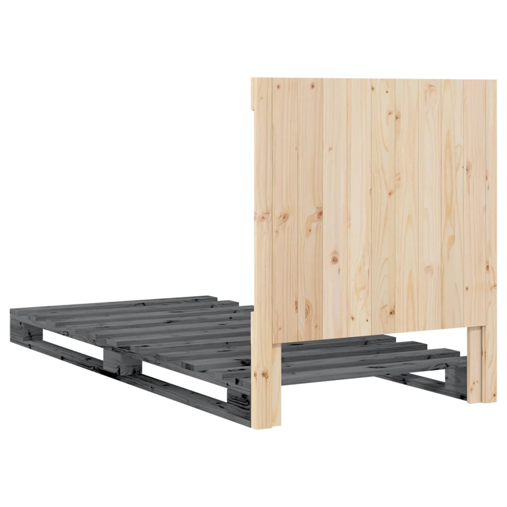 szürke tömör fenyőfa ágykeret fejtámlával 90 x 200 cm