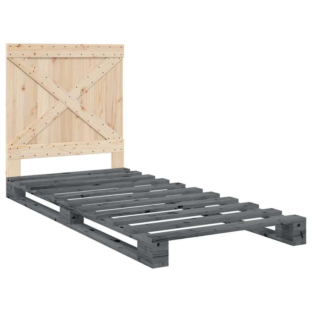 szürke tömör fenyőfa ágykeret fejtámlával 90 x 200 cm