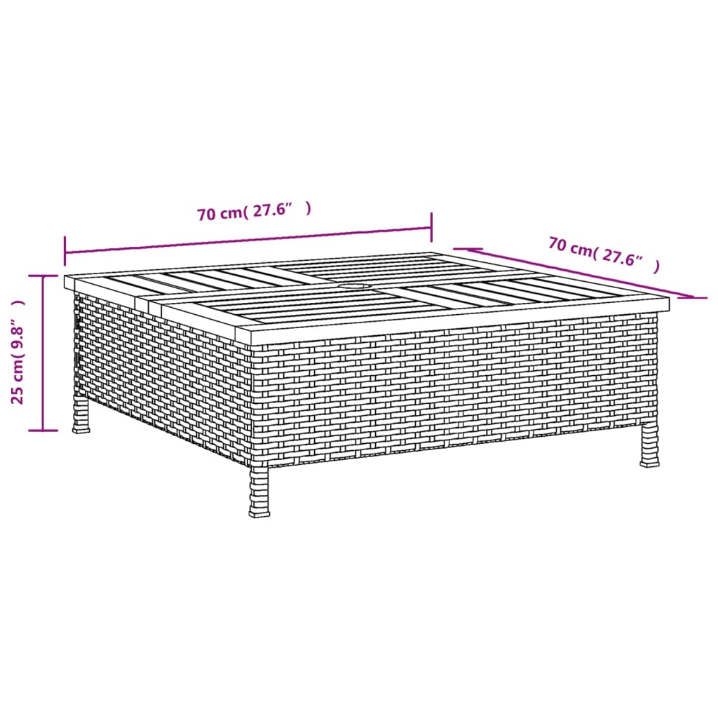 fekete polyrattan és akácfa kerti asztal 70 x 70 x 25 cm