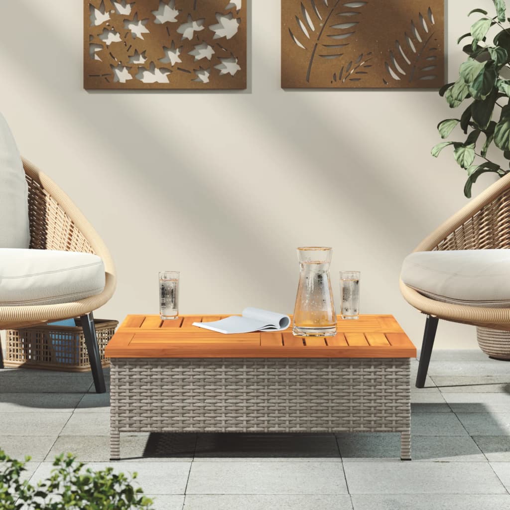 szürke polyrattan és akácfa kerti asztal 70 x 70 x 25 cm