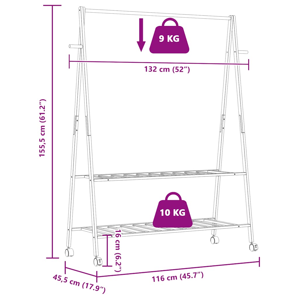 bambusz ruhaállvány polcokkal és kerekekkel 132x45,5x155,5 cm