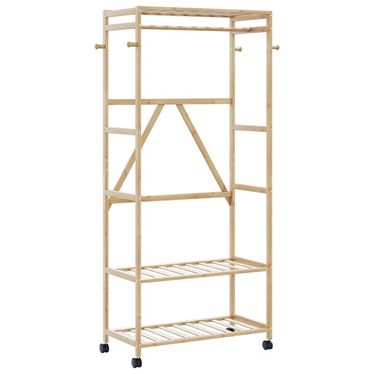 bambusz ruhaállvány polcokkal és kerekekkel 90x40x179,5 cm
