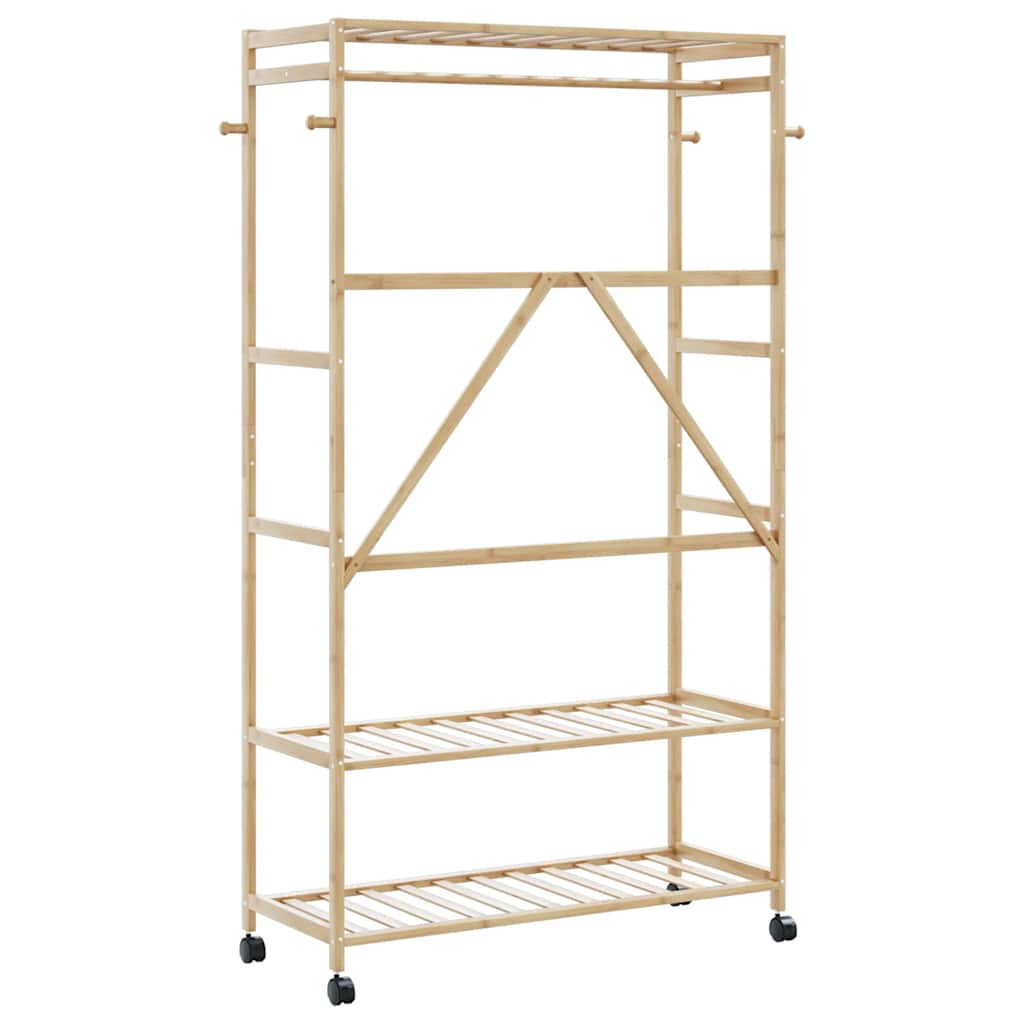 bambusz ruhaállvány polcokkal és kerekekkel 110x40x180 cm