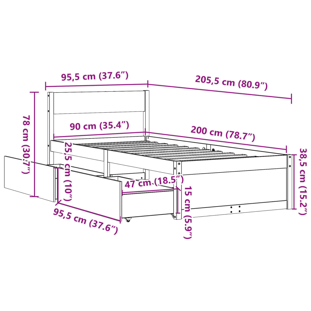 fehér tömör fenyőfa ágy matrac nélkül 90 x 200 cm